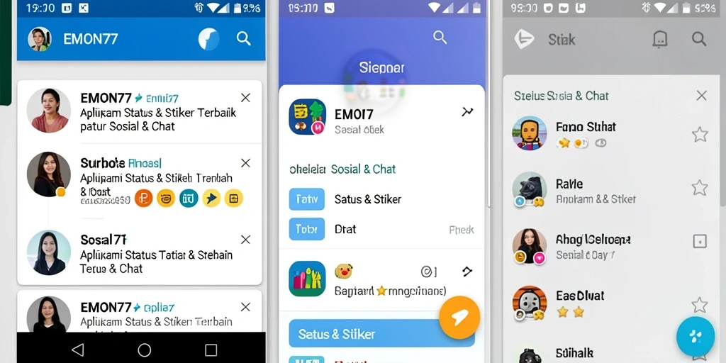 Antarmuka aplikasi EMON77 menampilkan berbagai stiker kreatif untuk Status & Stiker.
