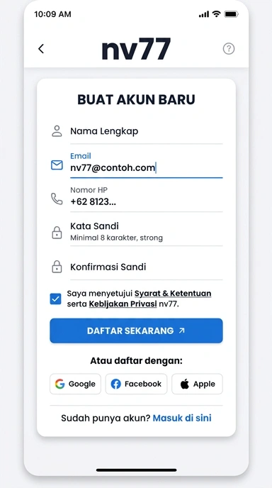 Tampilan halaman daftar nv77